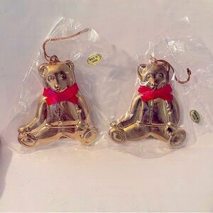 2 Gold colored metal bear Christmas Ornaments